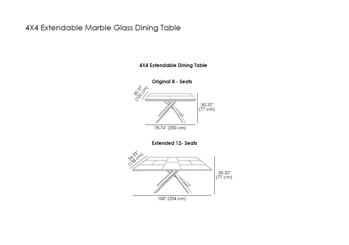 4X4 Extendable Marble Glass Top Dining Table