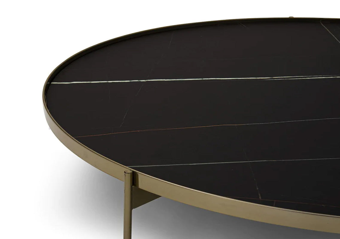 Abaco Tall Round Coffee Table 24" - Black Sahara Marble Glass/Bronze Structure (Quick Ship)