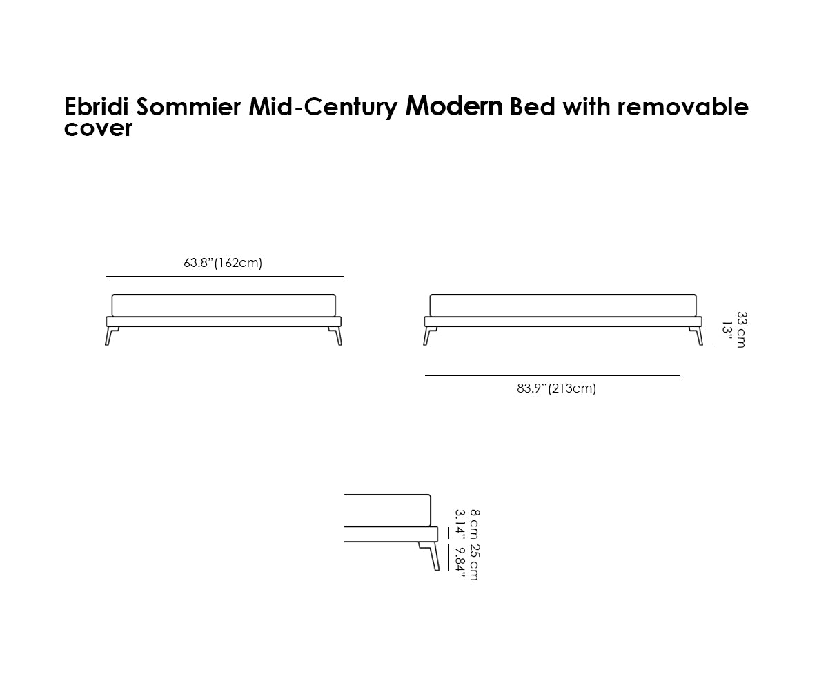 Ebridi Sommier Mid-Century Modern Bed. Removable Cover.