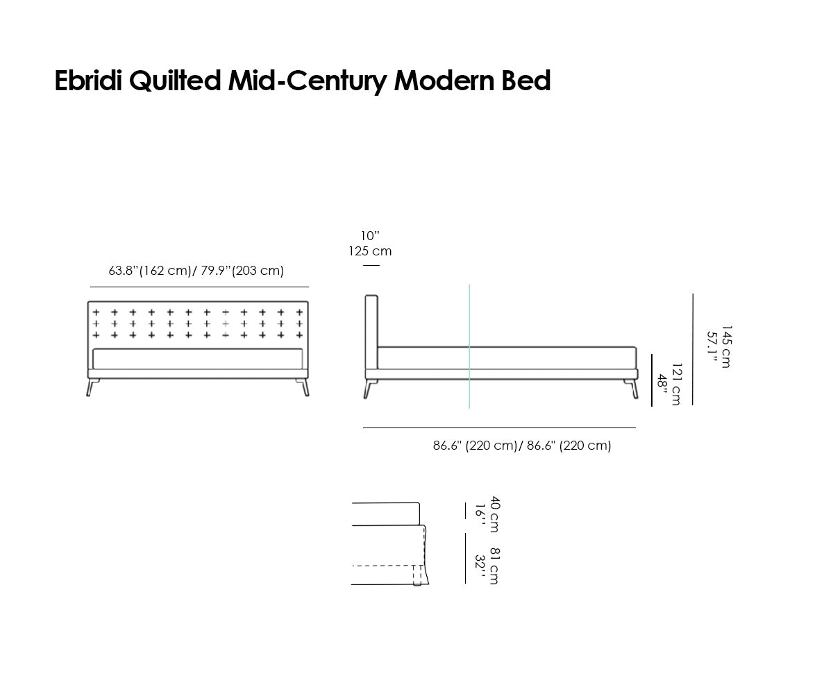 Ebridi Quilted Mid-Century Modern Bed. Removable Cover.