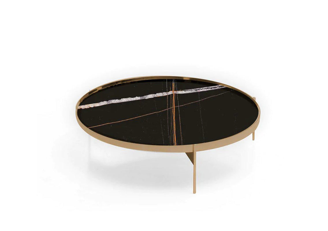 Abaco Low Round Coffee Table 35" - Black Sahara Marble Glass/Bronze Structure (Quick Ship)