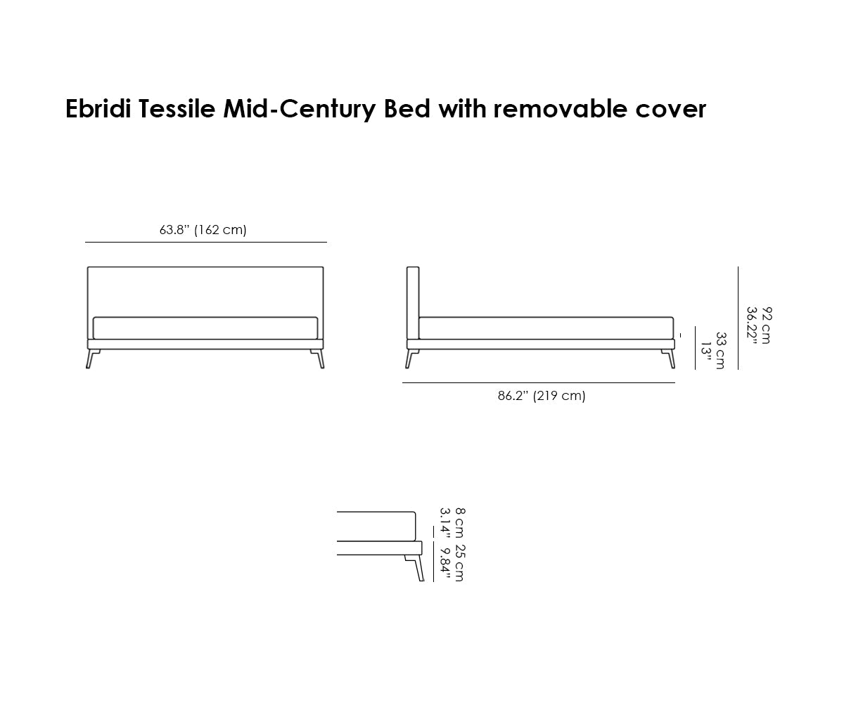 Ebridi Tessile Mid-Century Modern Bed. Removable Cover.