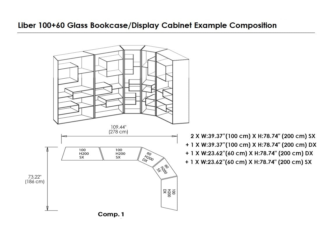 Liber 100 Slanted Sides Glass Bookcase/Display Cabinet